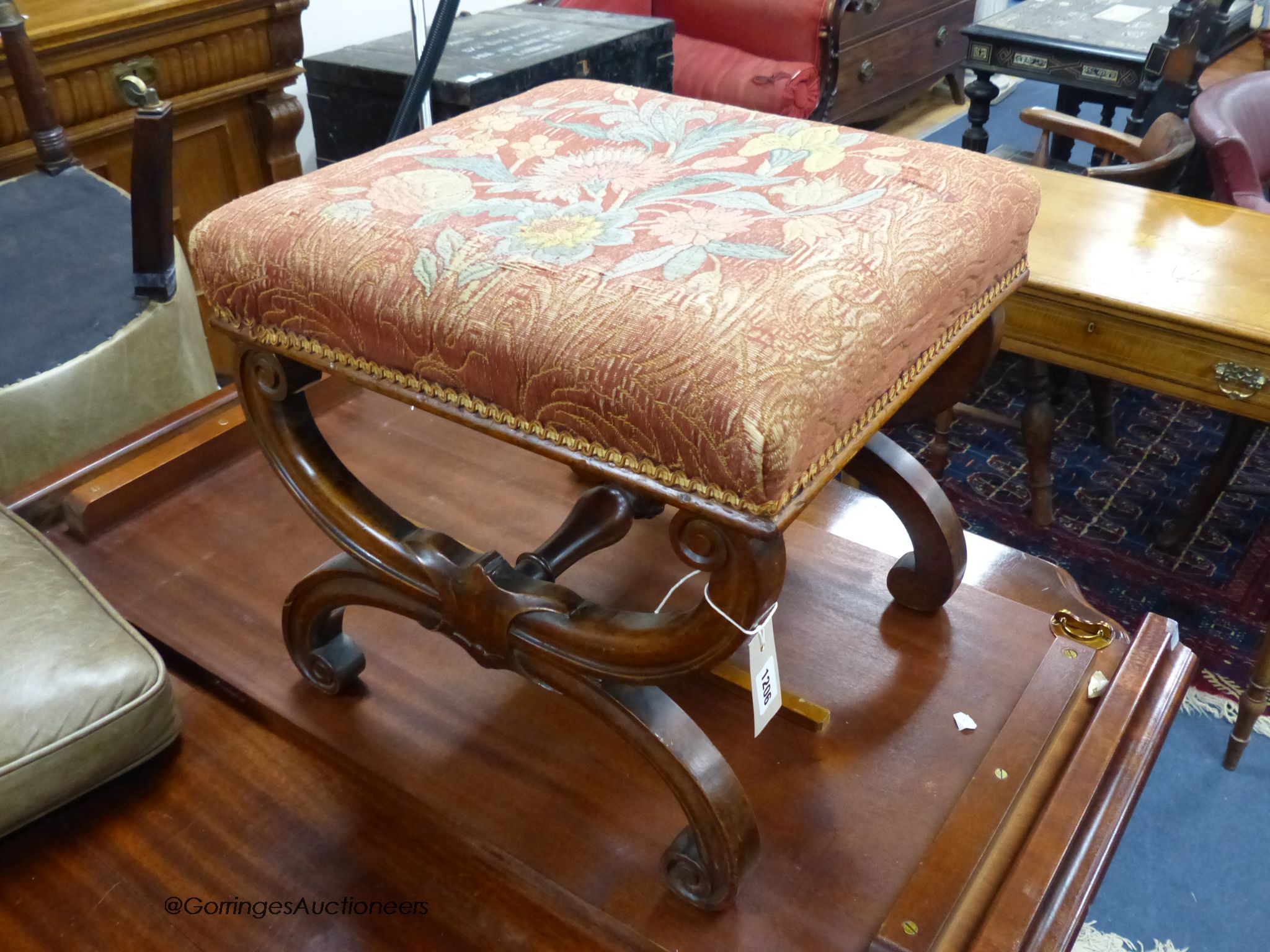 A Victorian walnut X-frame stool. W-46, D-44, H-44cm.